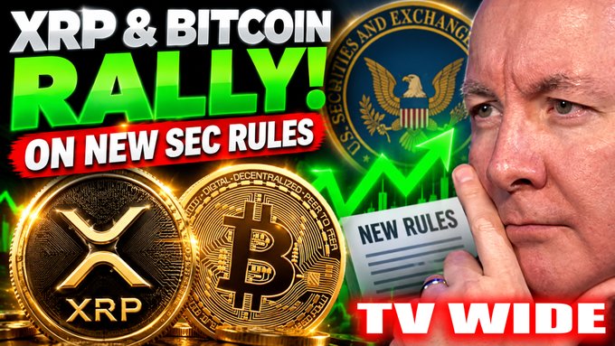 A YouTube thumbnail featuring text 'XRP & BITCOIN RALLY! ON NEW SEC RULES', images of XRP and Bitcoin coins, an SEC seal, and a man holding a 'NEW RULES' paper.
