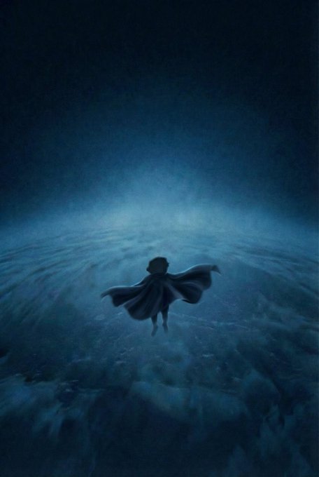 Atmospheric illustration of a cloaked figure floating or flying over a misty, dark landscape with a glowing horizon.