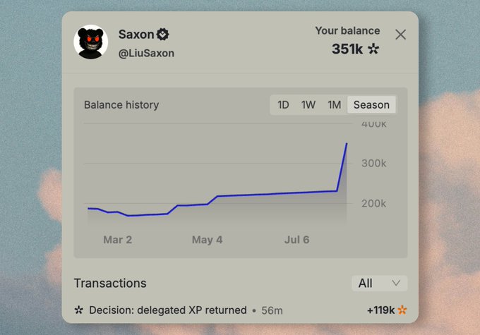 Social media profile screenshot showing user 'Saxon @LiuSaxon' with a balance of 351k and a balance history chart showing growth over the season.