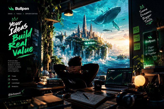 A promotional graphic for 'Bullpen' featuring the tagline 'Your Ideas Build Real Value' alongside an AI-generated illustration of a person working at a desk overlooking a futuristic floating city with whales in the sky.