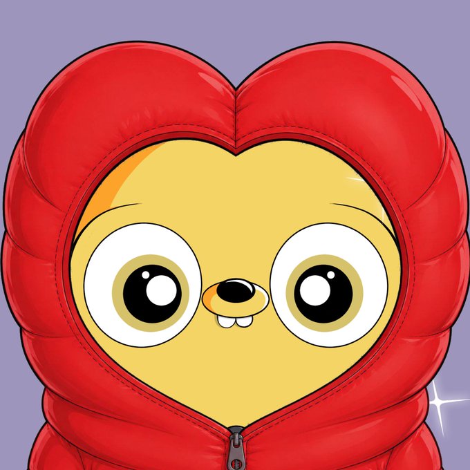A cartoon illustration of a yellow face with large eyes and buck teeth wearing a red puffy hooded jacket with a zipper.