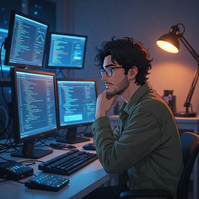 urn of a man with curly hair, wearing glasses and a green jacket, works on a computer at a desk with multiple monitors and keyboards.