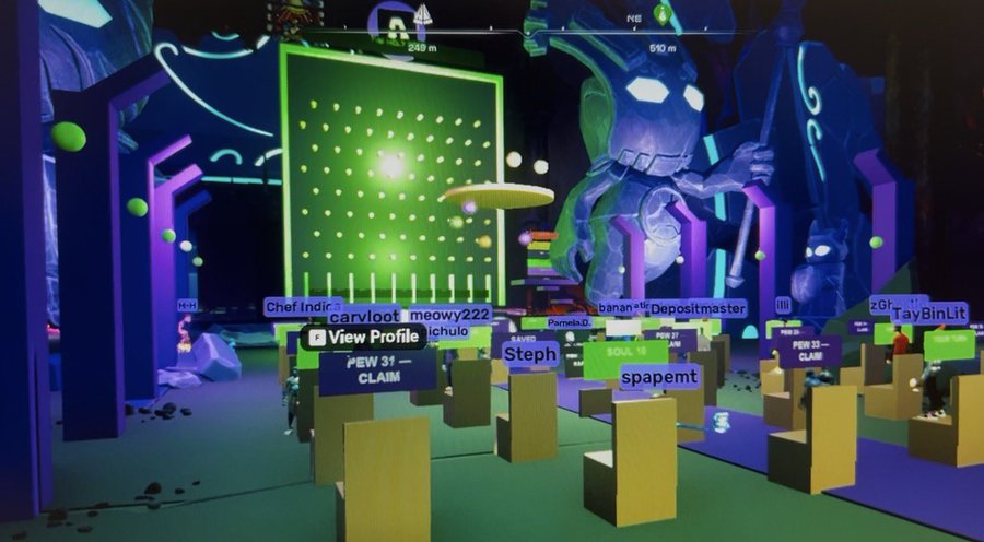 The image shows a vibrant virtual reality gaming scene from the Otherside Meta platform, featuring an immersive neon-lit environment with player usernames like "caryloot," "meowyy222," "Spapemt," and "Depositmaster" displayed above pedestals, along with a giant robot figure and a glowing green grid display in the background—capturing the luck-based, social arcade experience highlighted in the post about "The Rapture" event hosted by Apechurch.