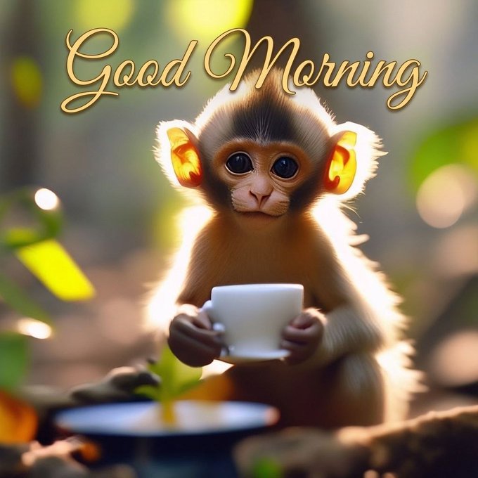 An adorable baby monkey with large ears holding a white cup, with elegant gold 'Good Morning' text overlaid, set against a softly blurred forest background.