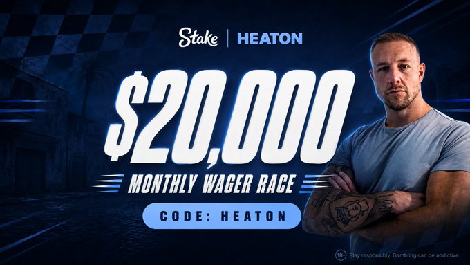 The image is a promotional graphic featuring a muscular man with tattooed arms standing next to large text reading "$20,000 MONTHLY WAGER RACE" alongside the Stake and HEATON logos. It matches the post by advertising a $20,000 monthly wager race on Stake using the promo code "HEATON."