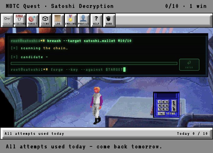 A pixel art video game screen titled 'MBTC Quest - Satoshi Decryption' showing a hacking minigame interface with the message 'All attempts used today - come back tomorrow.'