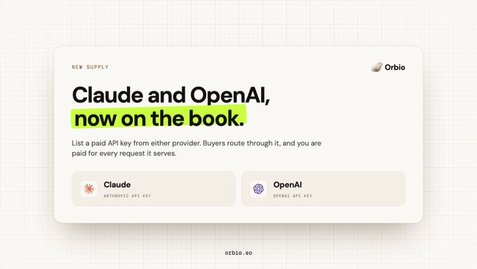 Orbio announcement card: “Claude and OpenAI, now on the book.” It says buyers can list an Anthropic API key for Claude or an OpenAI API key and get paid for every request served; orbio.ao appears at the bottom.