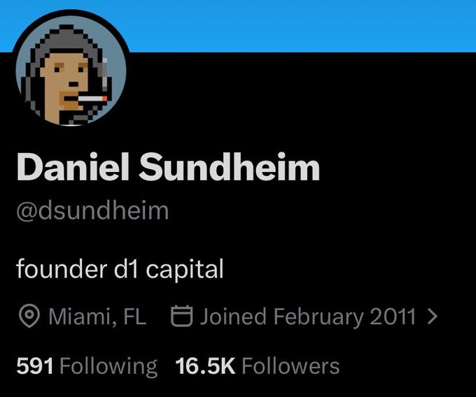A Twitter profile page for Daniel Sundheim (@dsundheim), founder of d1 capital, based in Miami, FL, with 16.5K followers. The post references him as part of a group of billionaires actively purchasing CryptoPunks, with Daniel reportedly spending 547 ETH (around $1.4 million) on 10 punks.