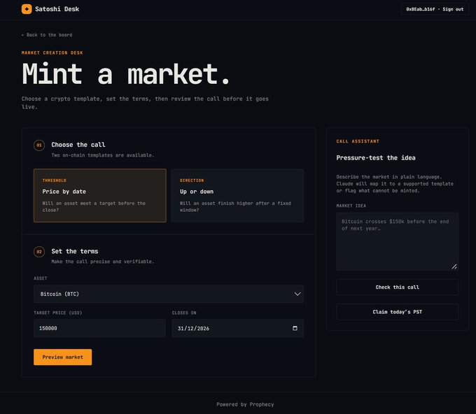 A screenshot of the 'Satoshi Desk' interface showing a 'Mint a market' page with options to set a 'Price by date' or 'Up or down' call on Bitcoin (BTC) at a target price of $150,000, closing on 31/12/2026.