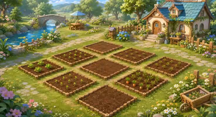 The image features a digital illustration of a garden with six square sections filled with plants. The garden is situated next to a house, creating an outdoor scene. There are also two small bridges visible within the garden area. The overall atmosphere appears to be peaceful and serene, as if it's a post about pixel farming or gardening in general.