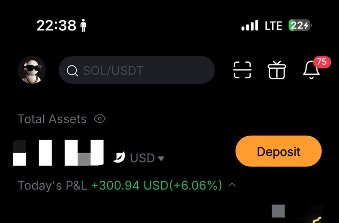 A crypto trading app screenshot showing a portfolio with "Total Assets" in USD, "Today's P&L +300.94 USD (+6.06%)" in green, a "Deposit" button, and a search bar pre-filled with "SOL/USDT," reflecting the poster's claim that their $SOL gains are enough for early retirement.