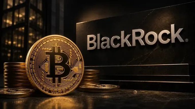 A promotional image showing gold Bitcoin coins in the foreground with a BlackRock sign/logo in the background, representing the intersection of cryptocurrency and traditional finance.