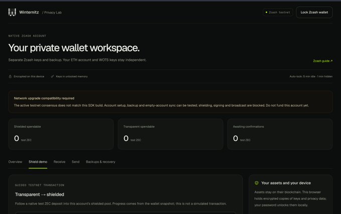 A dark interface for “Wintermint / Privacy Lab” displays “Your private wallet workspace,” with the Zcash “Shield demo” tab selected and balance cards reading “0 ZEC” for shielded, transparent, and pending confirmations.