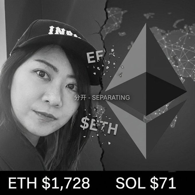 The image features a woman wearing a baseball cap, with the words "Ethereum" and "SOL" displayed above her head. The caption below the image reads "EF - Separating", which could be interpreted as a reference to the separation of Ethereum from Solana. The image also includes a map in the background that shows the world, possibly indicating the global reach or influence of these cryptocurrencies.