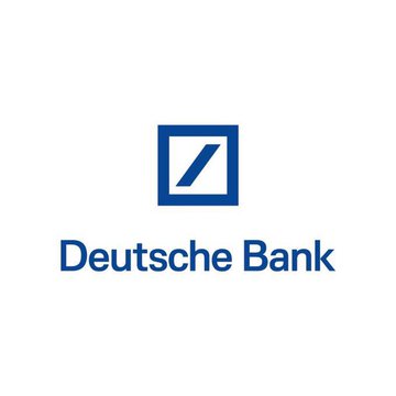 The Deutsche Bank logo is displayed, featuring a blue square with a diagonal line inside, alongside the company name in blue text.
