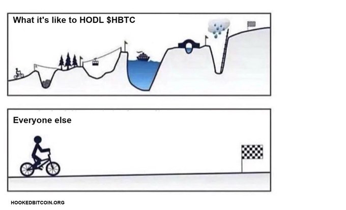 A two-panel meme titled 'What it's like to HODL $HBTC' showing a complex mountain bike course for HODLers versus a flat straight path for 'Everyone else', from hookedbitcoin.org.