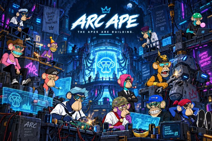 A vibrant digital illustration for "ARC APE - THE APES ARE BUILDING" features cartoon apes in various outfits working in a futuristic, neon-lit workshop with text like "CREATE BUILD SELL TOGETHER" and "IDEAS BUILD PEOPLE CULTURE FOREVER".