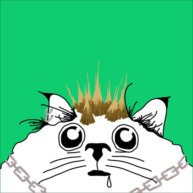 A digital illustration featuring a white cat with large eyes wearing a golden crown, set against a green background, with grey chain links on either side.
