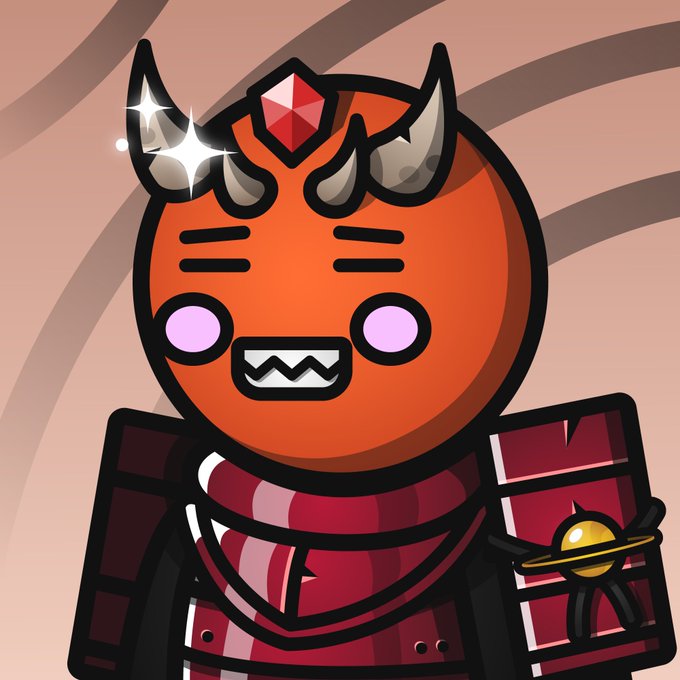 A cartoon character illustration featuring an orange round-headed figure with horns, pink eyes, sharp teeth, and a red gem on its forehead, wearing red and black armor.