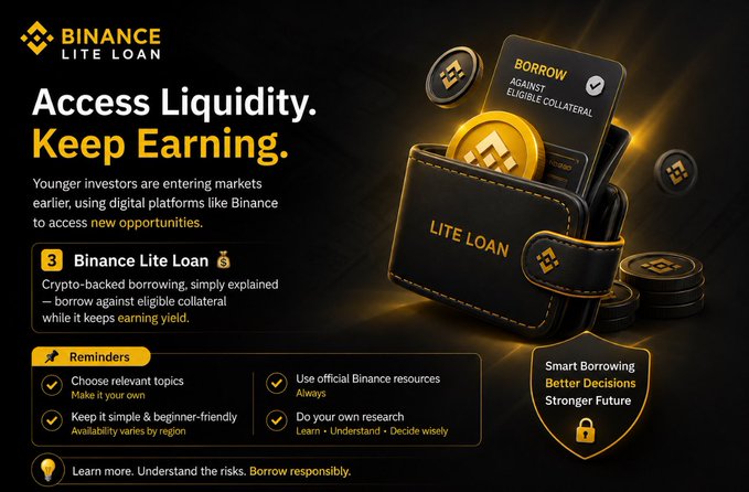 A Binance Lite Loan digital advertisement promoting crypto-backed borrowing with the headline 'Access Liquidity. Keep Earning.' and reminders about researching investments.