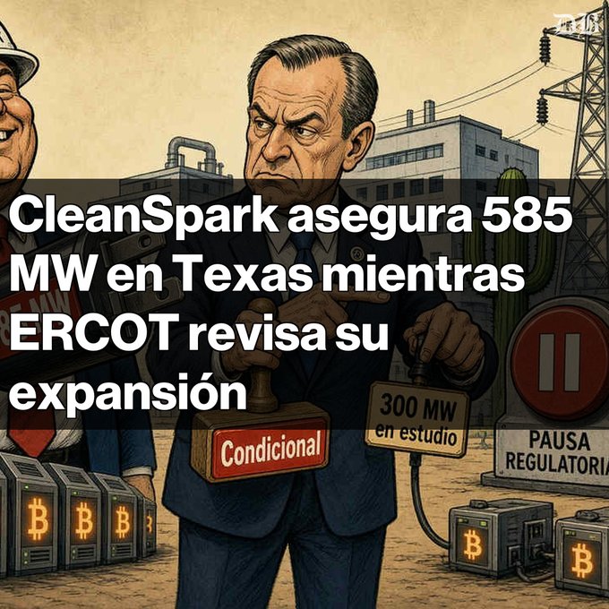 An illustrated graphic with the Spanish text 'CleanSpark asegura 585 MW en Texas mientras ERCOT revisa su expansión', showing a serious man holding 'Condicional' and '300 MW en estudio' signs near mining rigs and a 'PAUSA REGULATORIA' pause button.