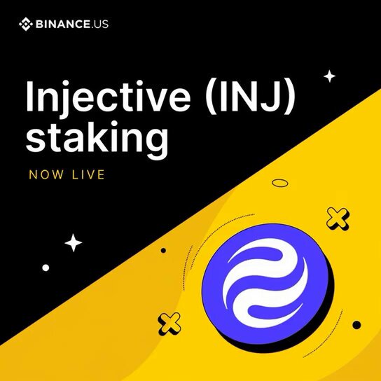 The image features an advertisement for a new cryptocurrency called INJ (Inj). The text "INJ" is displayed prominently, indicating that this is a new coin or token. The background of the image is yellow with black stars scattered across it, creating a visually appealing contrast. Below the main text, there are two options presented: flexible staking and fixed-term staking. These options allow users to choose how they want their funds to be managed and when they can access them.
