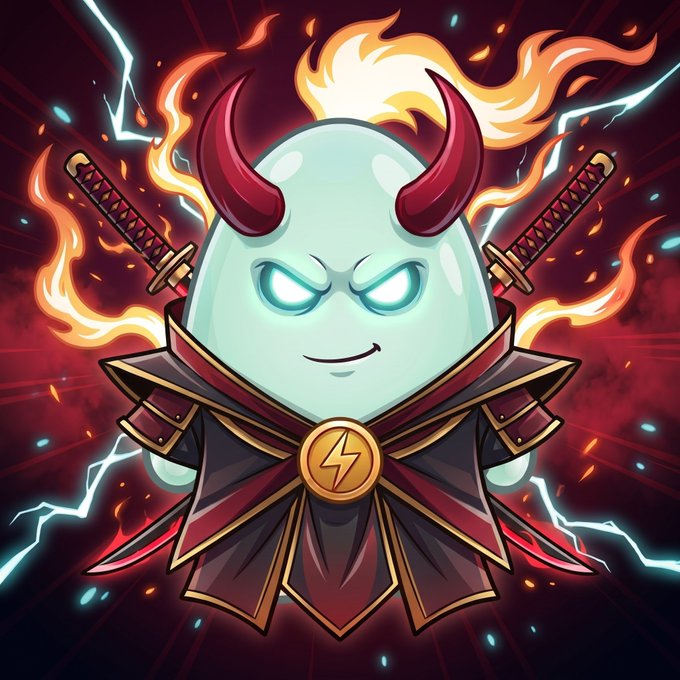 A cartoon-style illustration of an egg-shaped character with red devil horns, glowing white eyes, and dual swords strapped to its back, set against a dramatic red background with flames and lightning.