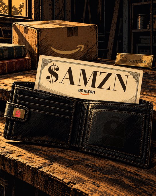 A black leather wallet sits on a rustic desk with an Amazon-branded card reading “$AMZN,” alongside a shipping box and a Sunrise nameplate. The scene visually connects Amazon’s humble beginnings to the 2026 launch of tokenized Amazon stock on Solana through Sunrise, issued by Backpack.