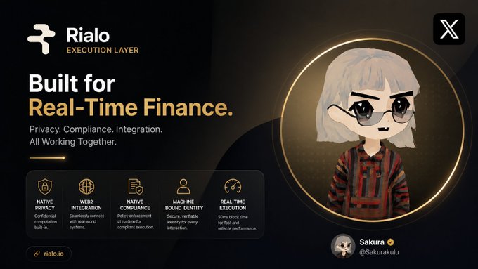 Promotional graphic for 'Rialo EXECUTION LAYER' featuring the tagline 'Built for Real-Time Finance' with features including Native Privacy, Web3 Integration, Native Compliance, Machine Bound Identity, and Real-Time Execution, alongside an anime-style avatar labeled 'Sakura @Sakurakulu'.
