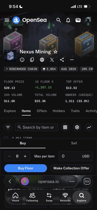 A mobile screenshot of the OpenSea NFT marketplace showing the Nexus Mining collection on Robinhood Chain with a floor price of $20.13 and 24H volume of $11.6K.