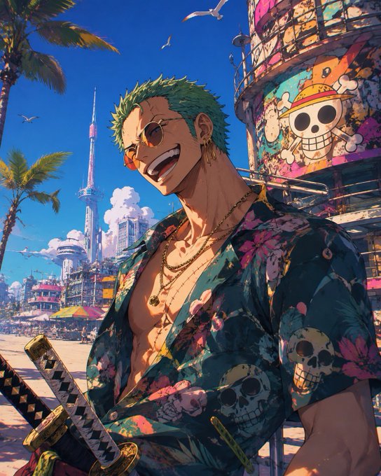 Anime-style illustration of a green-haired, sunglasses-wearing swordsman in a floral Hawaiian shirt, with One Piece's Straw Hat Pirates skull logo visible on a building behind him.