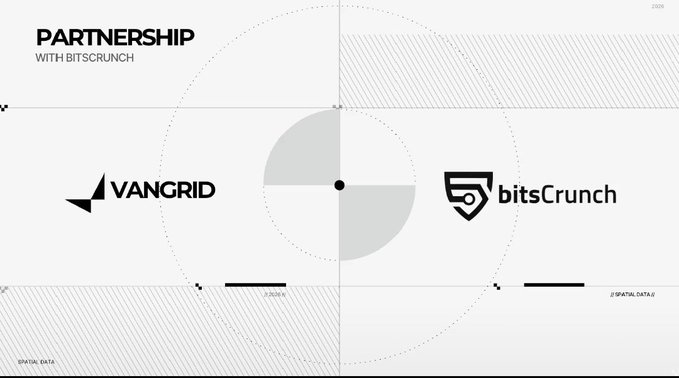 A minimalist partnership announcement graphic between 'VANGRID' and 'bitsCrunch' featuring their logos on a technical gray background.