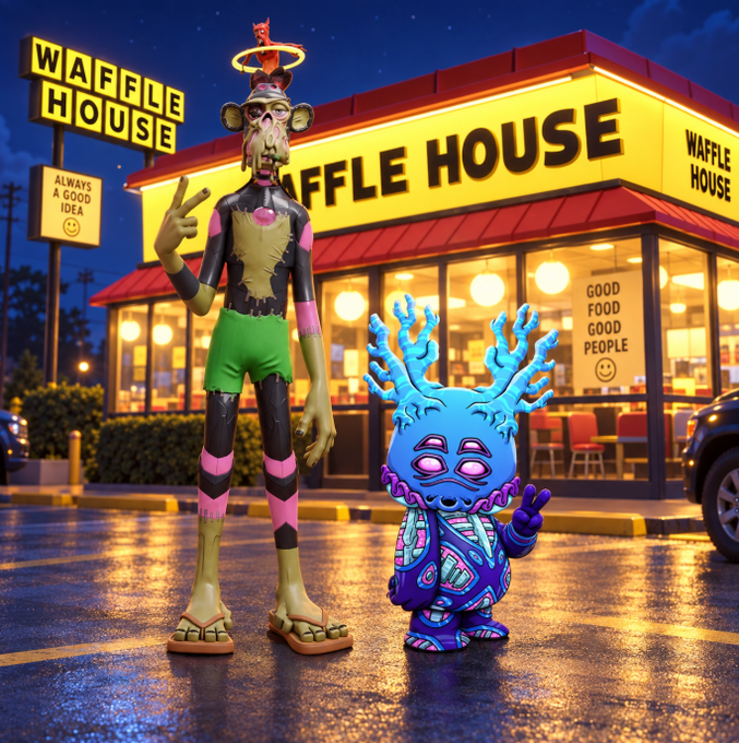 Two colorful, monstrous figures stand in a parking lot in front of a Waffle House restaurant at night, with a sign reading 'ALWAYS A GOOD IDEA' and another stating 'GOOD FOOD GOOD PEOPLE'.