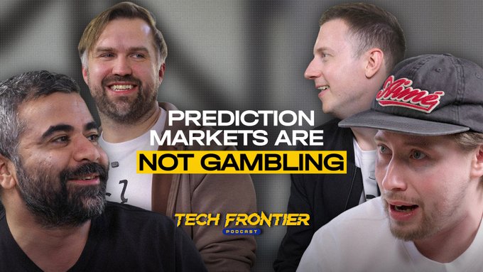 The image is a thumbnail for the "Tech Frontier Podcast" featuring four men in casual conversation, with bold text reading "PREDICTION MARKETS ARE NOT GAMBLING." One man wears a black "Stones" cap, and the post ties the panel to the Somnia Network team, former Improbable engineers who built a Web3 venture together after years as friends.
