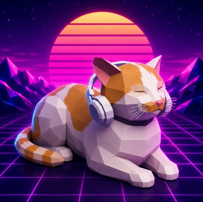 A low-poly 3D rendered orange and white cat wearing white headphones lies down against a retro 80s-style synthwave background with a sunset and grid.