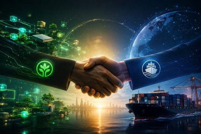 A digital artwork depicting a handshake between an arm with a green nature/agriculture logo and an arm with a white maritime/shipping logo, set against a backdrop of a global city skyline and cargo ship.