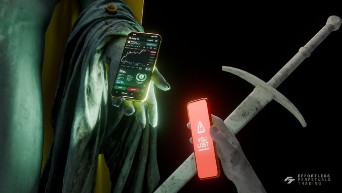This surreal image depicts hands holding two phones, one displaying a trading chart with green upward trends and the other showing a stark red "YOU LOST" warning, juxtaposed against ancient statues and a sword. This striking contrast illustrates the unpredictable nature of trading, aligning with the post's claim of seeing something unprecedented.