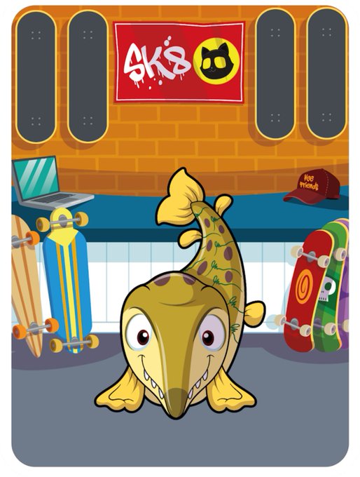 An animated cartoon illustration shows a yellow spotted gecko on a skateboard shop floor, with a red sign reading 'SK8' and a cat logo above.