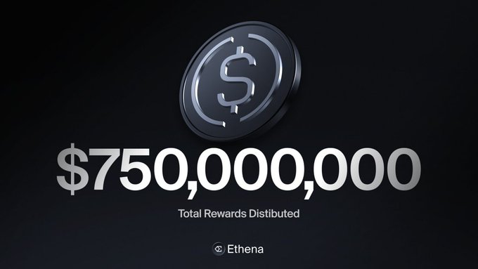 Ethena has distributed over $750 million in total rewards since launch, as shown in the image featuring a metallic coin graphic and the text "$750,000,000 Total Rewards Distributed."