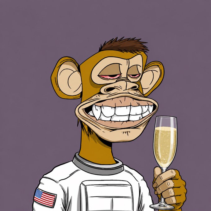 A smug-looking cartoon ape wearing a white spacesuit with an American flag patch holds up a champagne flute with a sly grin. The image humorously illustrates the post's boast about splurging on BAYC and Quirkies NFTs—and giving some away—if Iran tops its group tonight.