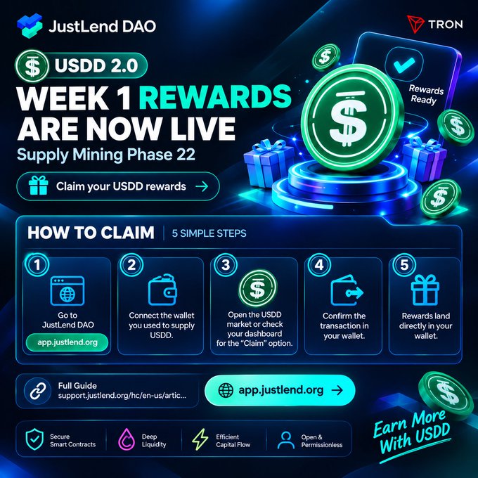 A promotional graphic for JustLend DAO and TRON announcing 'USDD 2.0 WEEK 1 REWARDS ARE NOW LIVE' during Supply Mining Phase 22, detailing a 5-step claim process at app.justlend.org.