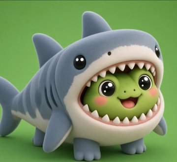 A cute 3D-rendered cartoon illustration of a small green creature wearing a shark costume with an open toothy mouth, set against a green background.