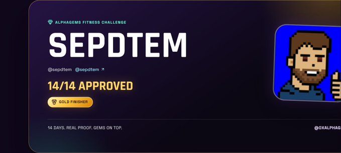 Achievement card for @sepdtem on the Alphagems Fitness Challenge showing '14/14 APPROVED' with a 'Gold Finisher' badge and pixel-art avatar.