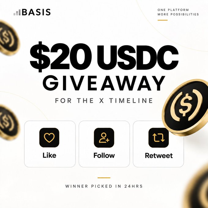 Promotional giveaway graphic from @LaunchOnBasis offering a $20 USDC prize, featuring bold "$20 USDC GIVEAWAY FOR THE X TIMELINE" text alongside Like, Follow, and Retweet icons, with "WINNER PICKED IN 24HRS" displayed at the base.
