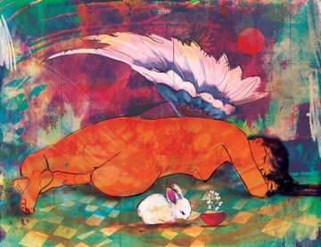 A surreal, colorful painting depicting a figure lying down with large angel wings emerging from their back, accompanied by a small white rabbit and a bowl beside them.