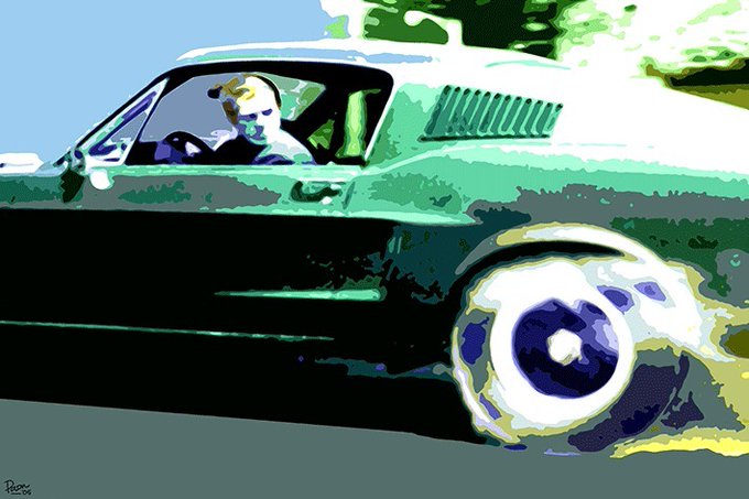 A stylized, posterized digital illustration of a person driving a vintage green car, rendered in bold green, white, and dark tones with visible brushstroke textures.