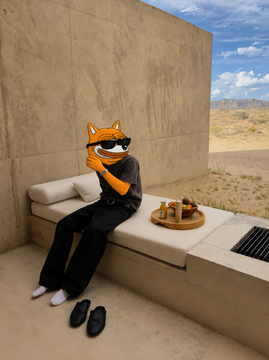 A person wearing a fox head filter and sunglasses sits on a concrete bench in a desert setting, holding a phone to their face, with a small tray of food beside them and black sandals on the ground.