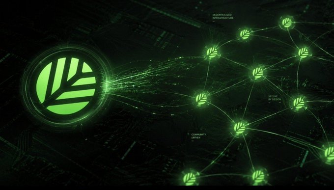 A digital illustration showing a large green leaf logo on the left connected by glowing lines to a network of smaller leaf icons on a dark green circuit board background, with text reading 'DECENTRALIZED INFRASTRUCTURE', 'COMMUNITY DRIVEN', and 'POWERED BY DESIGN'.
