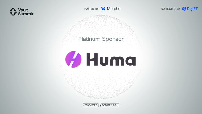 A sponsor slide for 'Huma' as the Platinum Sponsor of the Vault Summit, hosted by Morpho and co-hosted by DigiFT, taking place in Singapore on October 9th.
