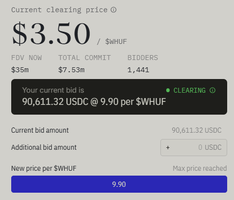A cryptocurrency auction interface displays a clearing price of $3.50 per $WHUF, with FDV NOW at $35m, total commit of $7.53m, 1,441 bidders, and a current bid of 90,611.32 USDC at 9.90 per $WHUF.